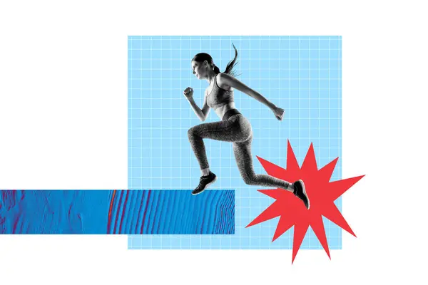 Horizontal Creative Photo Collage Young Motivated Fit Sportswoman Run Jump — Stock Photo, Image