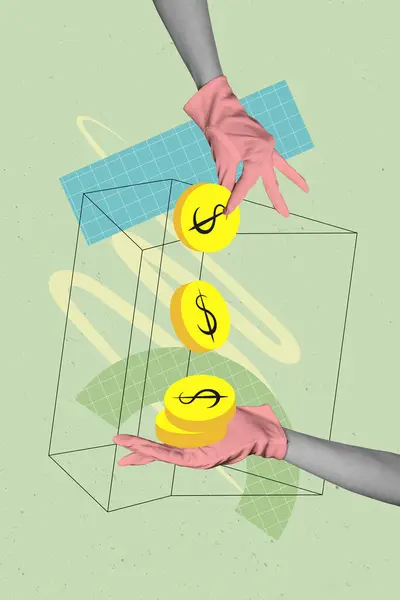 Vertical Imagem Colagem Criativa Mãos Segurar Derramar Dinheiro Moedas Ouro — Fotografia de Stock