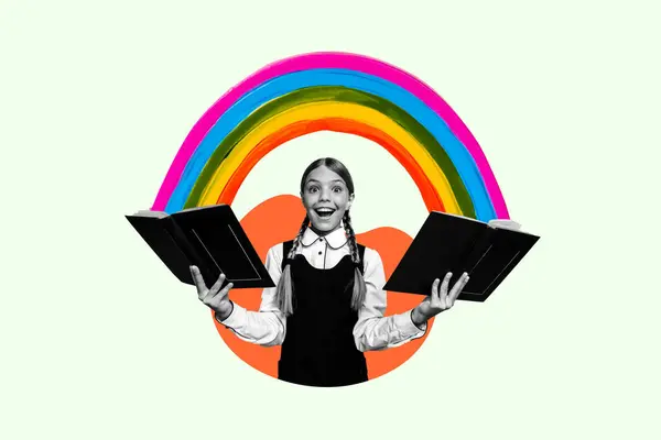 Horizontal creative photo collage with cute impressed little school girl holding reading books rainbow growth from pages isolated.