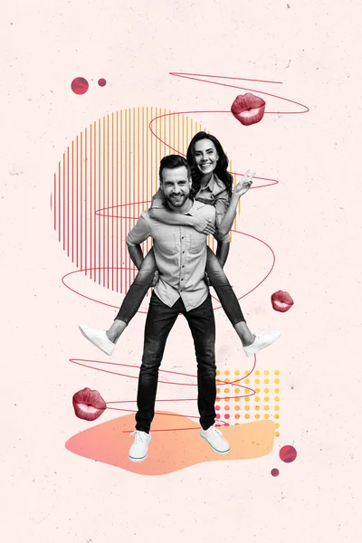垂直拼贴创意图解有趣的快乐积极的年轻夫妇背负着爱之吻不同寻常的艳丽背景 — 图库照片