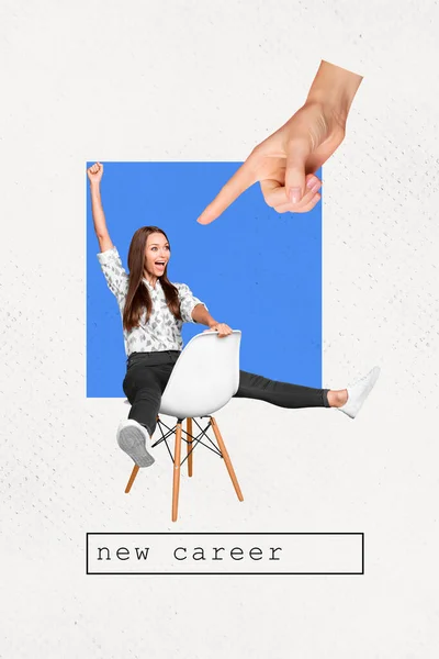 Vertical Funny Photo Collage Young Business Woman Sit Chair Excited — Stock Photo, Image