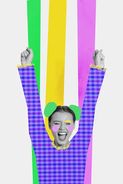 Vertical Collage Picture Overjoyed Black White Colors Girl Raise Fists — Stock Photo, Image