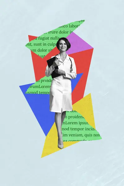 Collage Fotos Verticales Joven Especialista Médicos Dama Con Portapapeles Abrigo —  Fotos de Stock