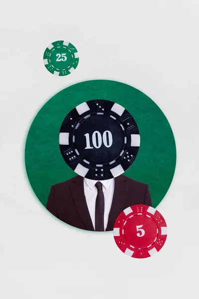 Colagem Fotos Criativa Horizontal Homem Negócios Terno Com Chip Poker — Fotografia de Stock