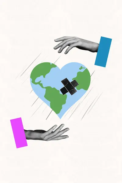 Függőleges Kollázs Kép Illusztráció Két Emberi Kéz Próbálja Menteni Föld — Stock Fotó