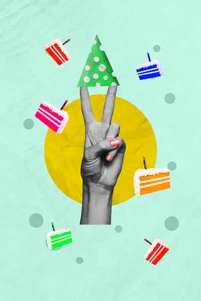 Creative drawing collage picture of hand showing v-sign wear cone hat birthday cake party weird freak bizarre unusual fantasy billboard.