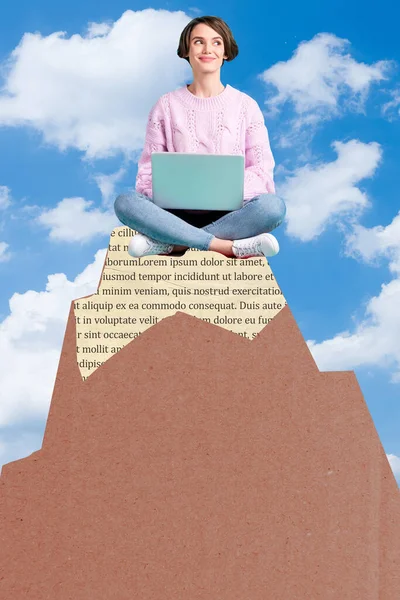 Vertikale Foto Collage Junge Glückliche Frau Weiblich Halten Laptop Computer — Stockfoto