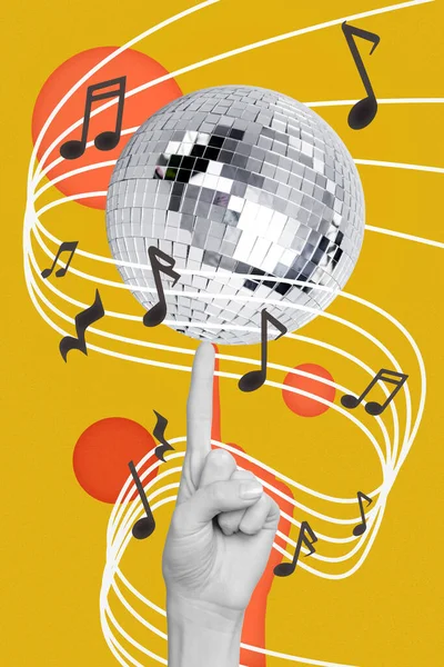 Creative vertical illustration banner poster retro human hand finger spinning discoball party music clubbing isolated yellow background.