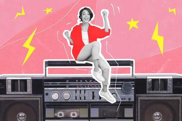 Colagem Poster Imagem Ilistração Jovem Senhora Sentado Cassete Jogador Boombox — Fotografia de Stock