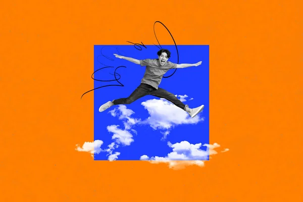水平ファンキーなリアル写真コラージュ 手足を上げた若い狂った男は雲の中で高く飛ぶ 夢の中で楽しんでいます — ストック写真