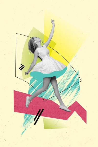 Imagem Colagem Composta Charmoso Jovem Fêmea Correndo Voar Elegante Dança — Fotografia de Stock