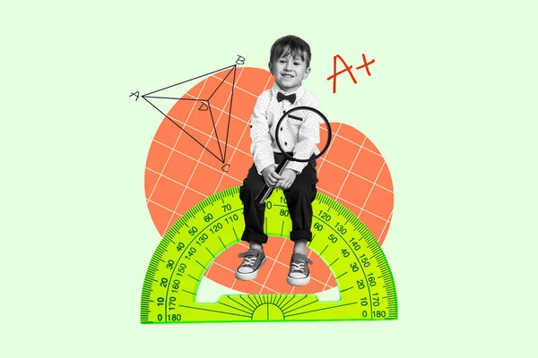 写真コラージュ 創造的な絵 陽気な小さな子供の生徒 良いマーク幾何学の学校の供給 主題研究 賢明な宿題 — ストック写真