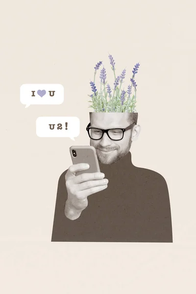 垂直创意图片拼贴快乐男人拿着智能手机发短信情人感觉分享一束鲜花头像背景 — 图库照片