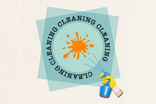 Colagem Criativa Imagem Foto Limpeza Promoção Braço Humano Segurar Detergente — Fotografia de Stock