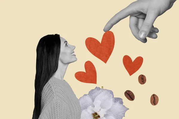 バレンタインデーを祝う女性を指す腕のコラージュレトロスケッチ画像 ベージュ色の背景 — ストック写真