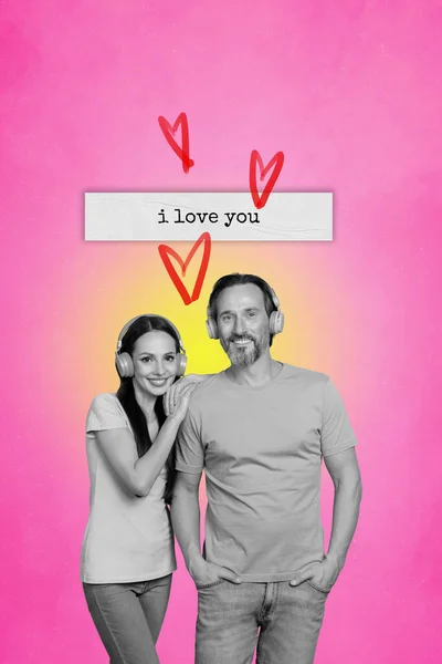Pionowe Kreatywny Kolaż Obraz Zabawna Para Słuchać Muzyki Walentynki Miłość — Zdjęcie stockowe