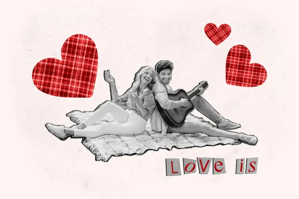 Colaj Șabloane Creative Abstracte Cuplu Picnic Cântă Chitară Valentină Dragoste — Fotografie, imagine de stoc