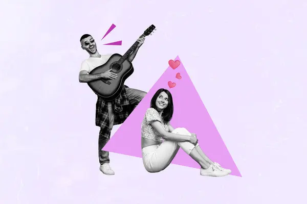 複合コラージュアートワークの画像 パートナー若いカップルボーイフレンドは ピンクの背景に孤立した彼のガールフレンドのためにギターを弾く — ストック写真