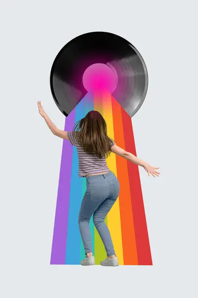 Vertical collage picture illustration cheerful joyful happy young woman dance vinyl plate rainbow colorful stripes white empty background.