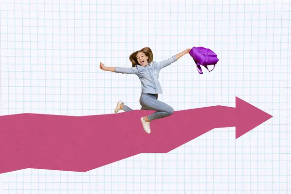 Creative image photo collage young schoolgirl riding pink arrow forward direction holding backpack go lesson class checkered background.