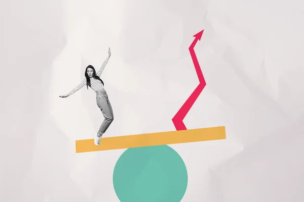 Kreative Collage Bild Foto Stehend Balancieren Junge Mädchen Charts Aufstieg — Stockfoto