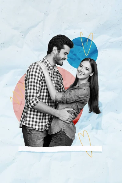 Vertical Art Photo Collage Happy Couple Standing Together Man Hold — Stock Photo, Image