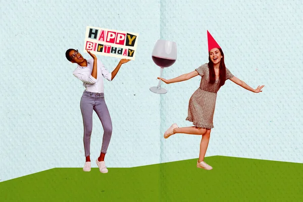 Foto Afbeelding Collage Gelukkige Verjaardag Vieren Evenement Wenskaart Twee Meisjes — Stockfoto