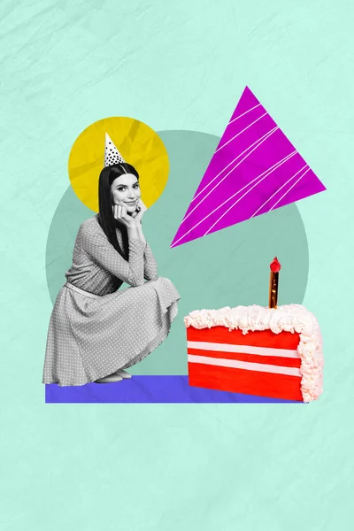 Vertical collage creative poster black white filter beautiful young woman enjoy celebrate birthday party exclusive turquoise background.