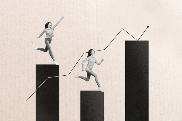 Kreative Collage Bild Bild Läuft Zwei Frau Richtung Erfolg Fortschritt — Stockfoto
