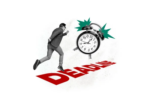 Creative Picture Collage Running Businessman Hurry Meet Deadline Time Management — Stock Photo, Image