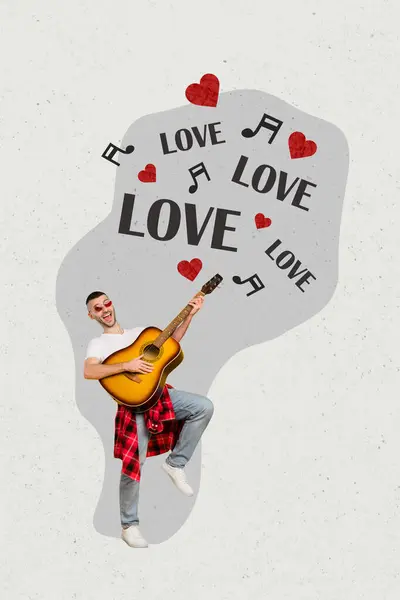 若いファンキーな男の垂直写真コラージュは 彼の愛バレンタインデークリエイティブバックグラウンドに挨拶のためのギターの演奏曲を保持 — ストック写真