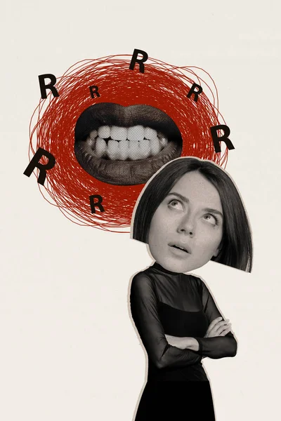 Collage 3d image of pinup pop retro sketch of annoyed female ignore mouth roar growl bullying angry billboard comics zine minimal concept.