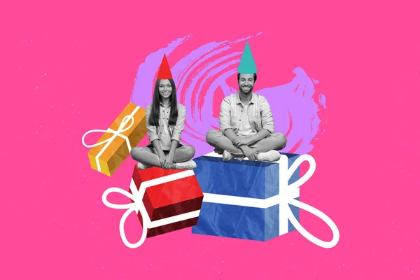 Creative Illustration Collage Young Family Couple Sitting Gift Boxes Prepared — Stock Photo, Image
