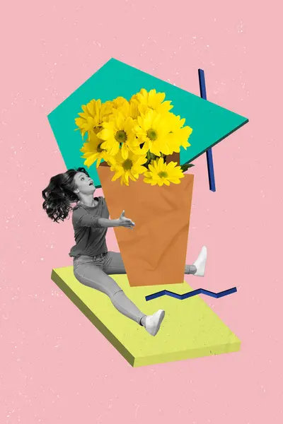 Collage Postal Novia Divertida Joven Sorprendida Recibir Flores Frescas Margarita — Foto de Stock