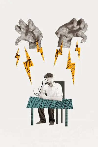 Verticale Foto Collage Van Gestresste Man Raken Zijn Hoofd Denken — Stockfoto