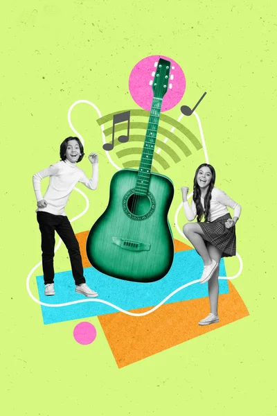 Creative drawing collage picture of young friends boyfriend with girl teenagers dancing when guitar playing isolated on green background.
