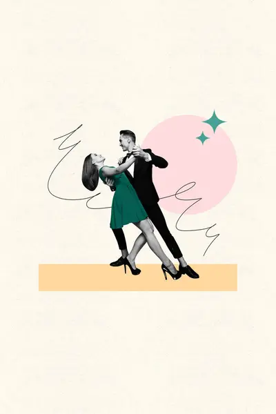 Vertikální Kreativní Koláž Plakát Tanec Pár Partneři Mladý Muž Žena — Stock fotografie