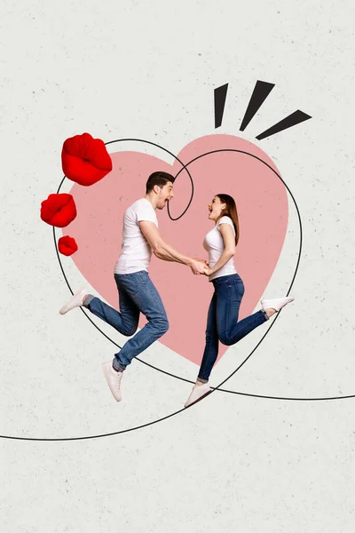 Vertikale Collage Kreatives Poster Schöne Schöne Glückliche Junge Paar Schreien — Stockfoto