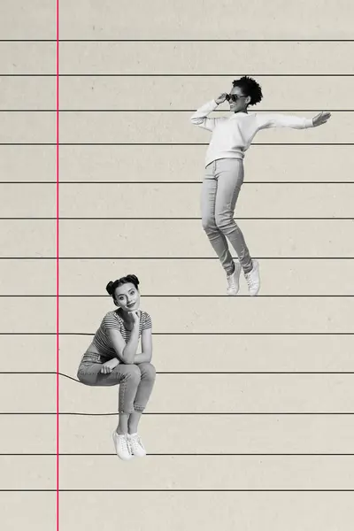 Collage Tendencia Creativa Hoja Papel Bloc Notas Gobernado Chicas Bailando — Foto de Stock