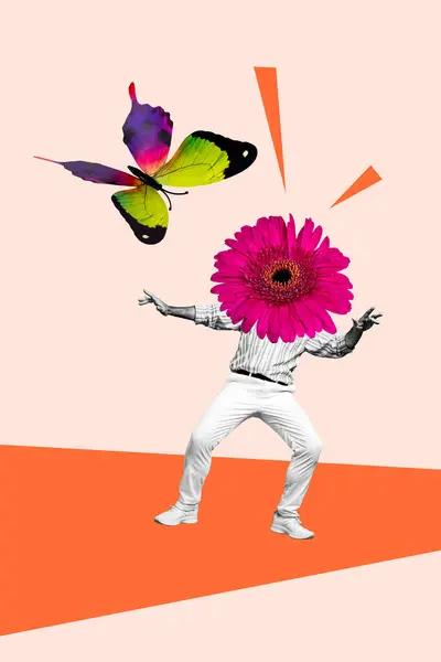 Vertical Creativo Collage Bailando Retirado Funky Hombre Enorme Flor Lugar — Foto de Stock