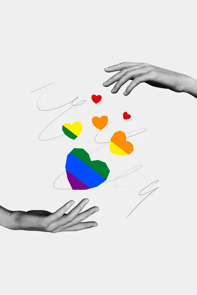Vertical collage picture black white filter colorful striped heart love like between two human hands friendly lgbtq community pride month.