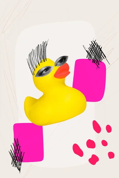Vertical Collage Picture Bath Rubber Yellow Duck Painted Hair Human — Stock Photo, Image