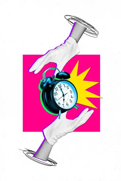 Vertical Creative Collage Banner Poster Ringing Alarm Clock Timer Bell — Stock Photo, Image