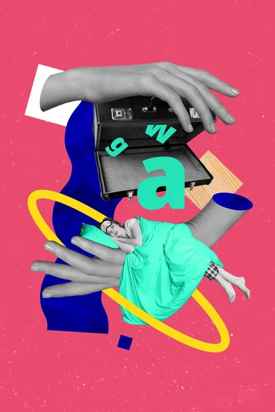 Desenho Criativo Colagem Imagem Engraçado Feminino Dormir Mãos Segurar Valise — Fotografia de Stock