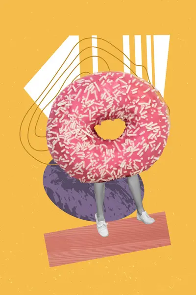 Artwork magazine collage picture of tasty delicious donut walking lady legs isolated yellow color background.