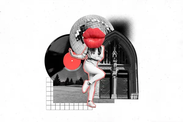 Kreative Illustration Bild Collage Tanzen Junge Mädchen Riesige Lippen Statt — Stockfoto