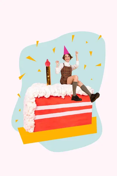 Creative trend collage of funny young female sit sweet cake celebrate happy birthday excited have fun billboard comics zine minimal.