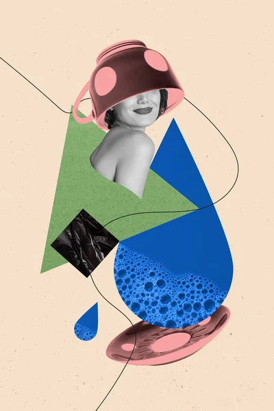 Colagem Arte Jovem Mulher Bonita Usar Caneca Vez Cabeça Derramando — Fotografia de Stock