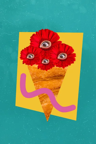 复合拼贴图片图片花卉花束的图片 芙蓉的眼睛看着女人日庆祝广告牌上的连环画极小 — 图库照片