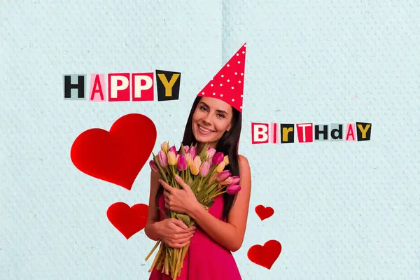 Creative collage poster banner smiling cheerful young woman hold bouquet birthday gift good mood festive celebration drawing background.